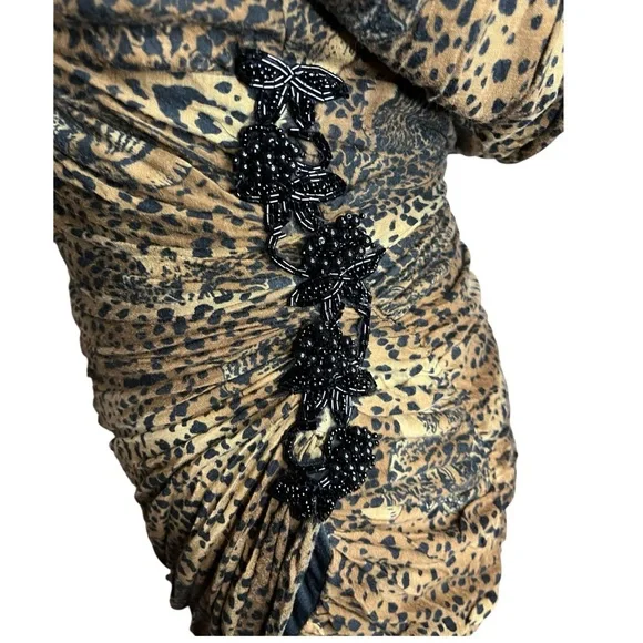 VTG 80s Tadashi Brown and Black Animal Print Drape  Dress - Picture 3 of 8